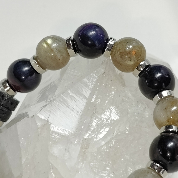 Labradorite, Blue/Purple Hawk's Eye natural gem Diffuser Bracelet - Hand Crafted - Picture 4 of 10